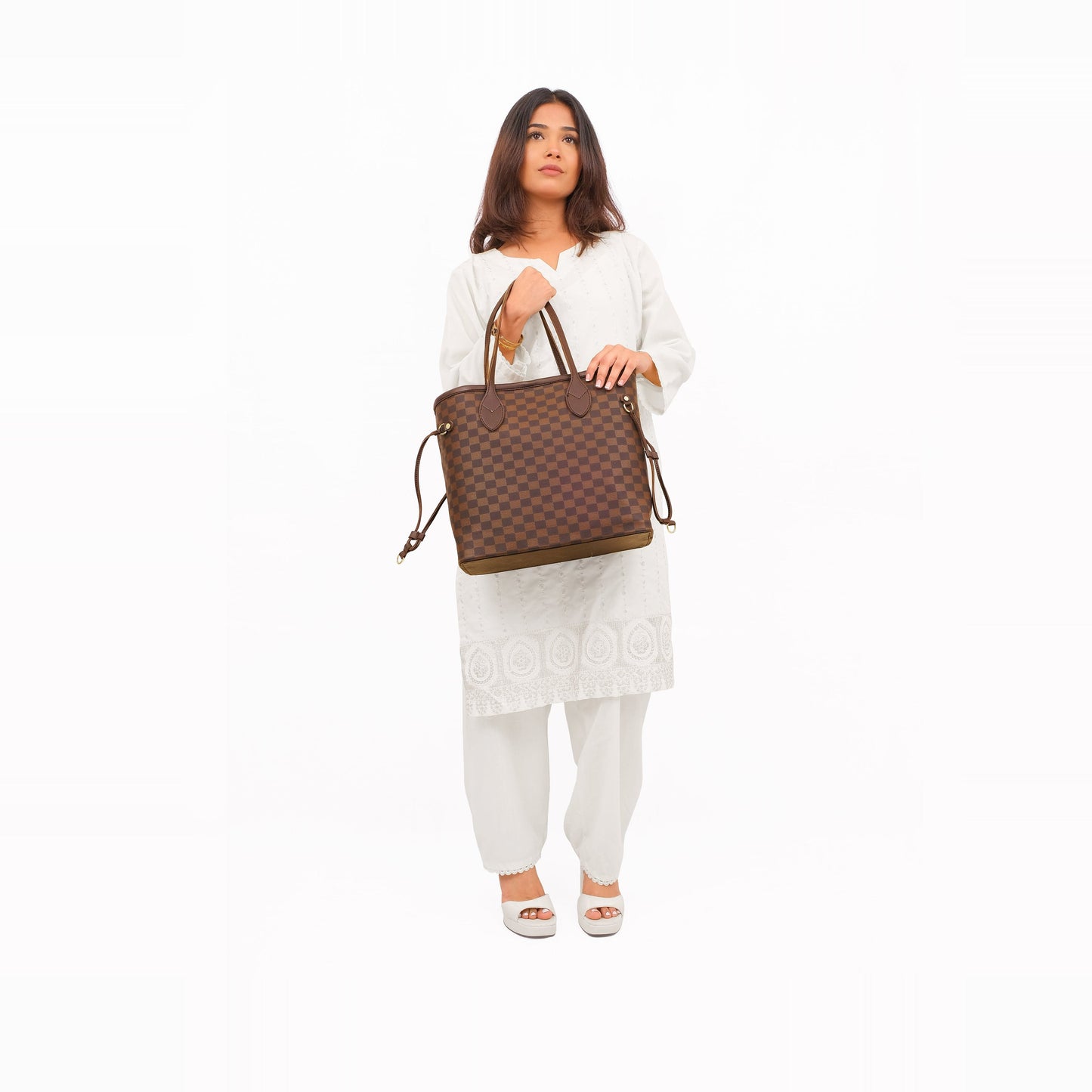 Dark brown checkered neverfull tote bag