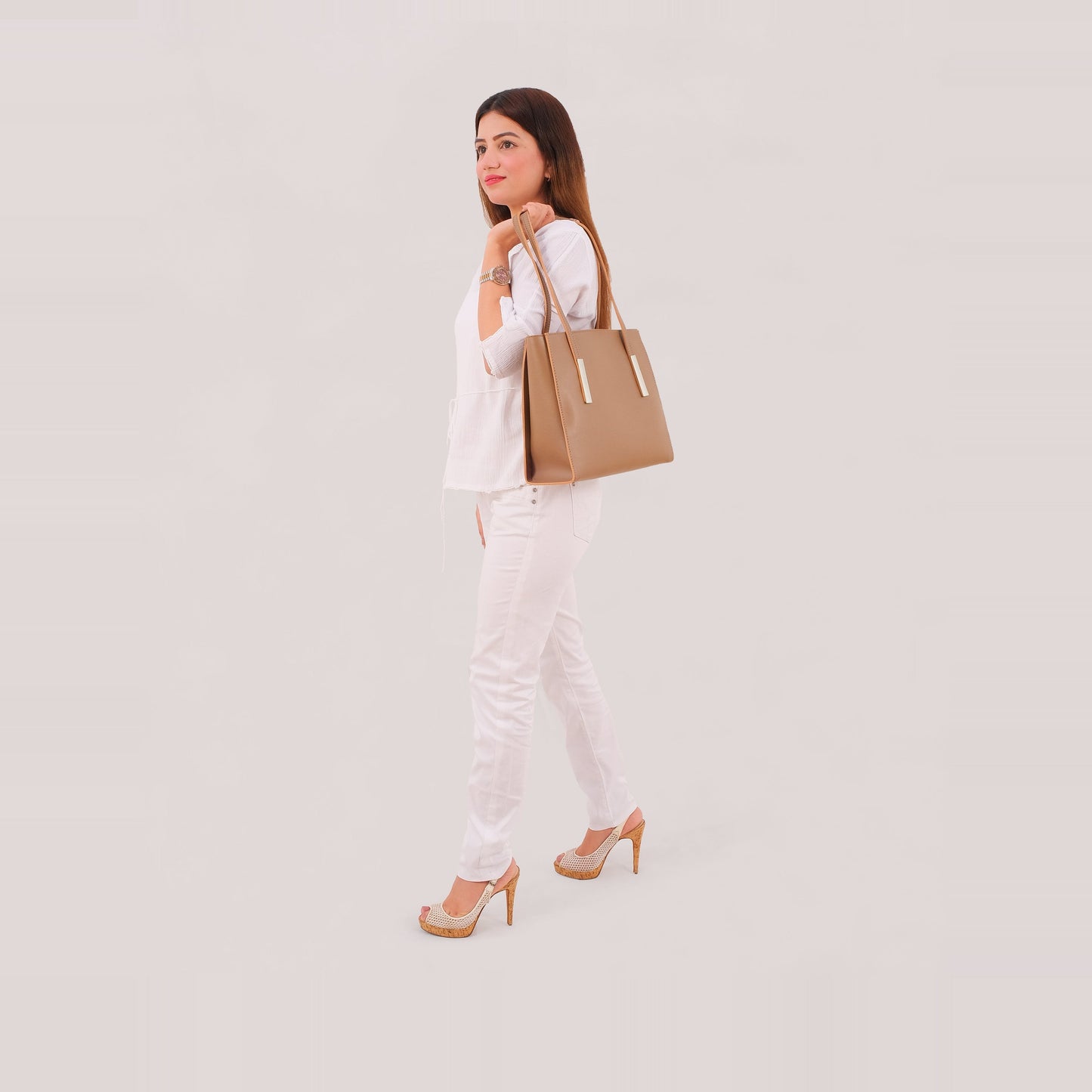 Coffee zipper shoulder bag with long handle